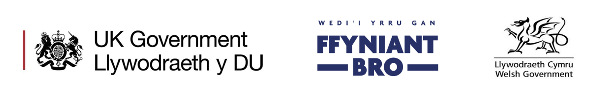 Logos Llywodraeth y DU, Ffyniant Bro a Llywodraeth Cymru.