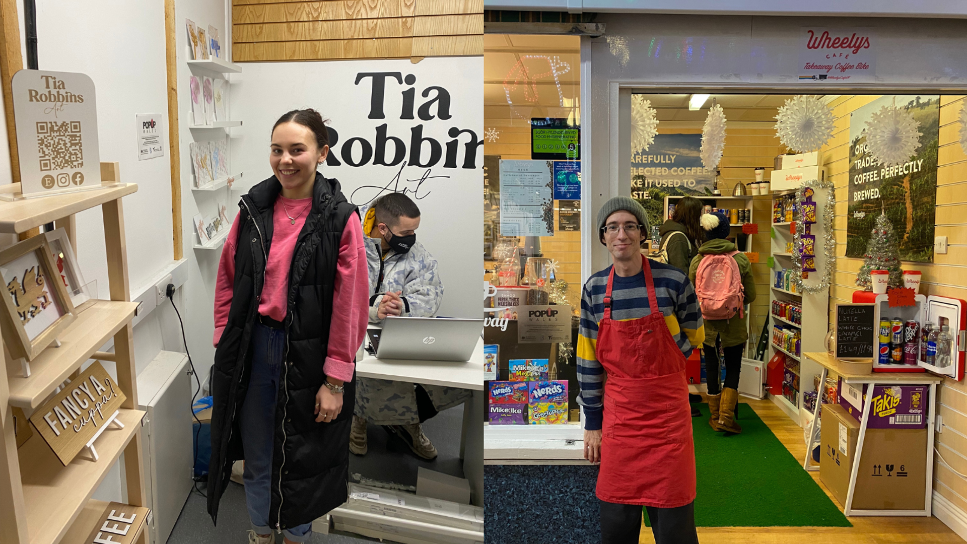 Tia Robbins o Tia Robbins Art a Chris Pritchard o Wheely's Cafe ar eu stondinau dros dro ym Marchnad Dan Do Pen-y-bont ar Ogwr