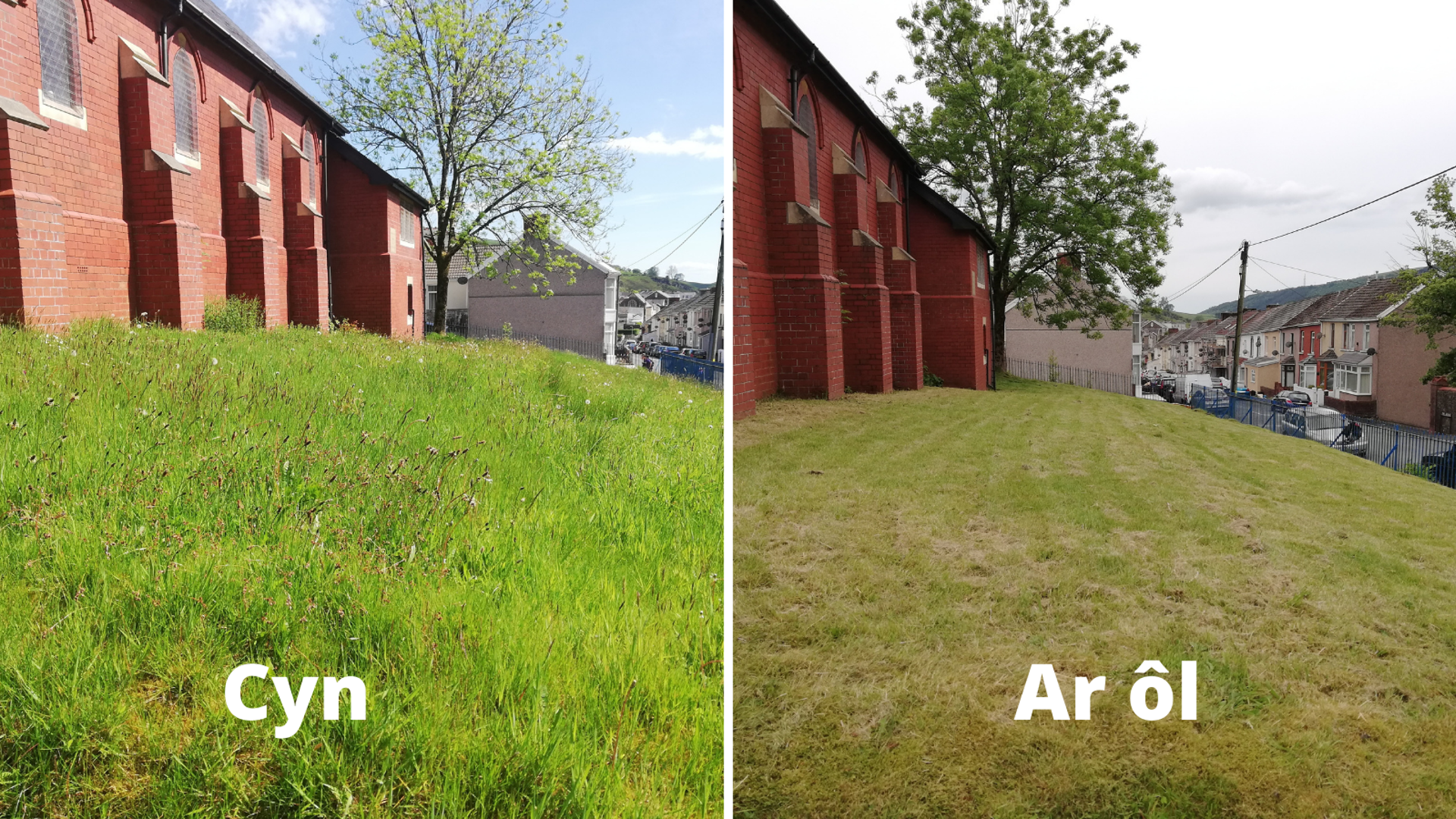 Prosiect gwneud iawn, lluniau cyn ac ar ôl o Eglwys Dewi Sant ym Mhontycymer.