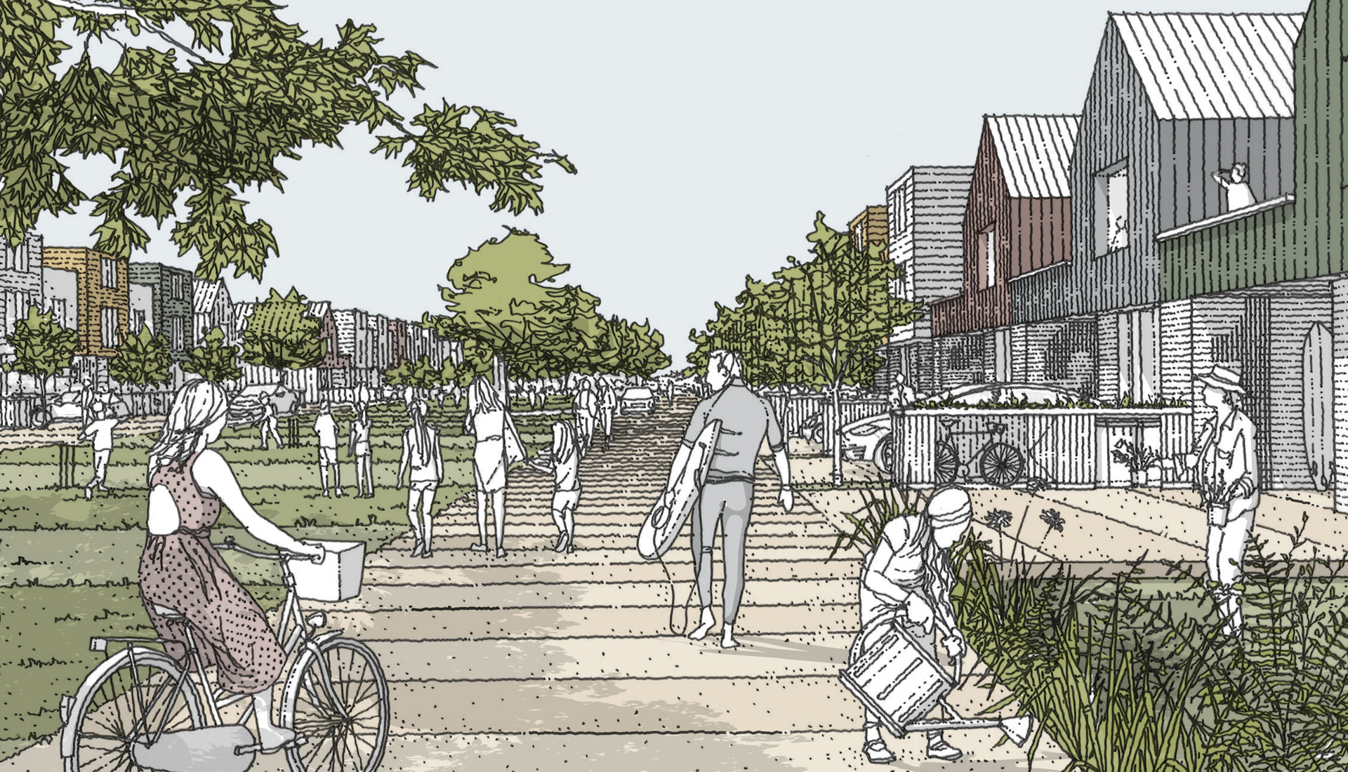 Argraff arlunydd o sut y gallai tai newydd edrych wrth Sandy Bay