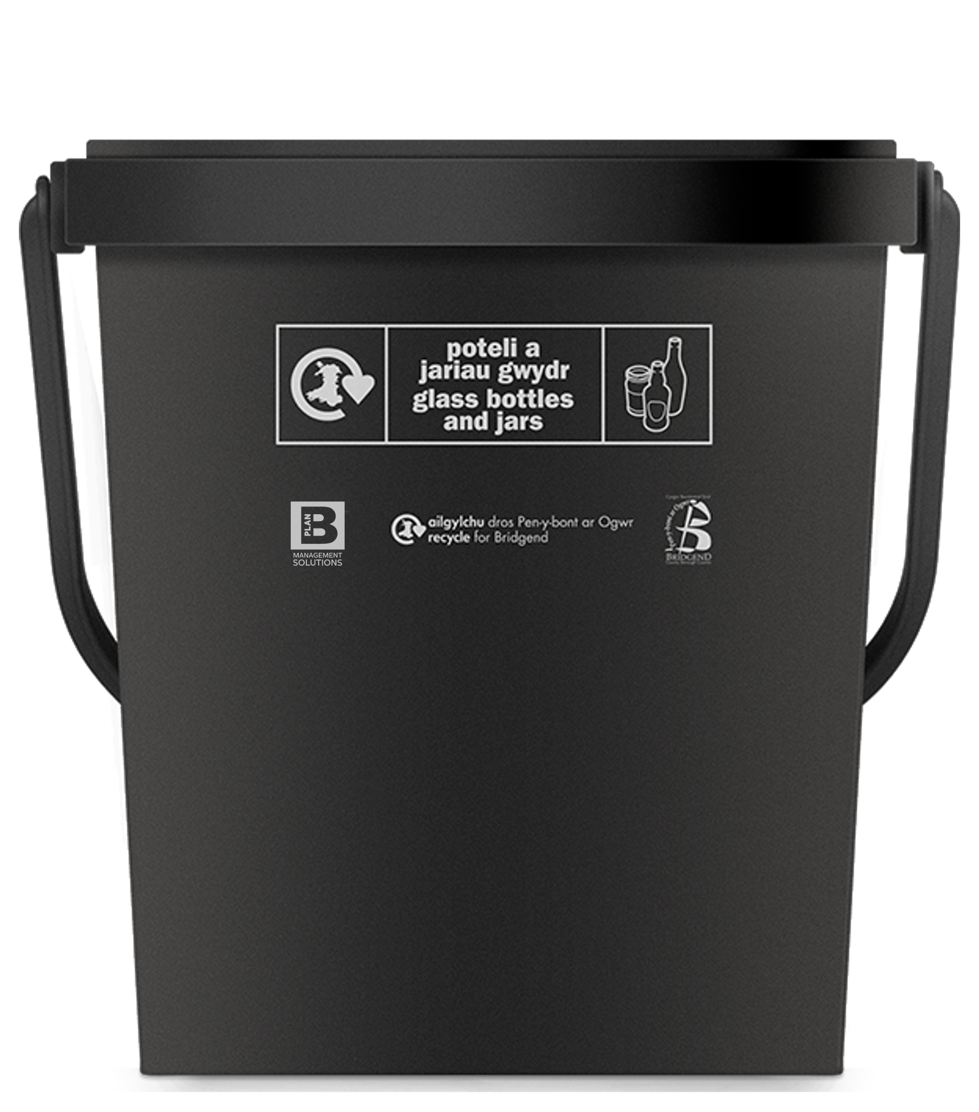 Llun o gadi du sy’n dweud ‘poteli a jariau du’, ac sydd â’n logo ni, logo Kier a logo “Recycle for Bridgend” arno.