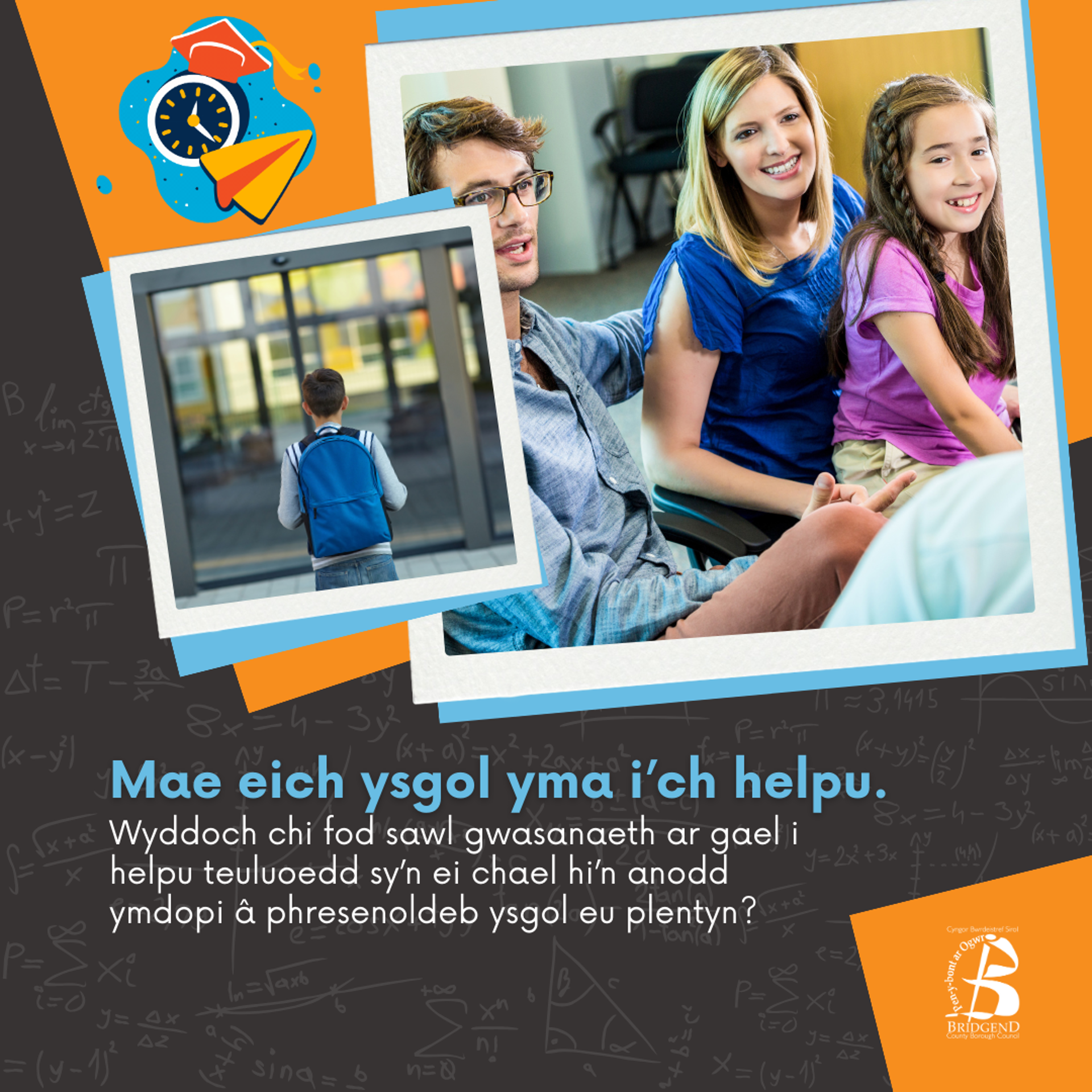 Teulu gyda phlant mewn ysgol