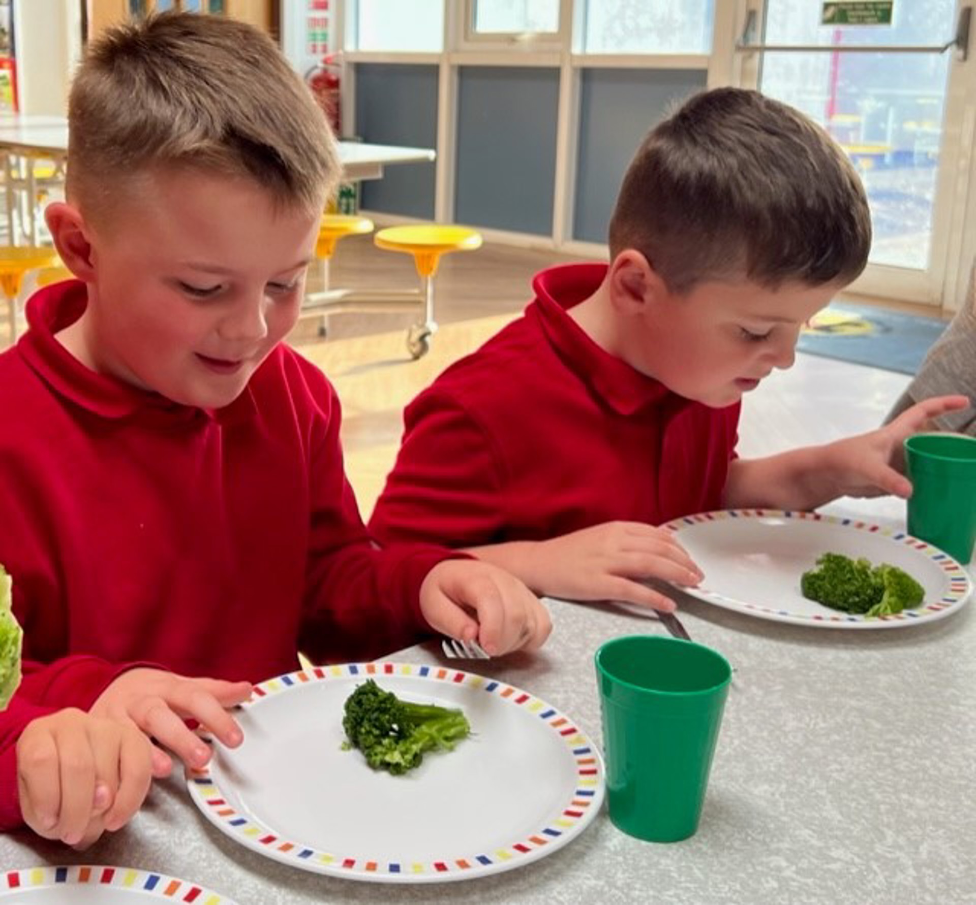 Disgyblion yn Ysgol Gynradd Bracla yn cymeradwyo brocoli organig o Gymru yn ystod sesiwn ‘blasu brocoli’.