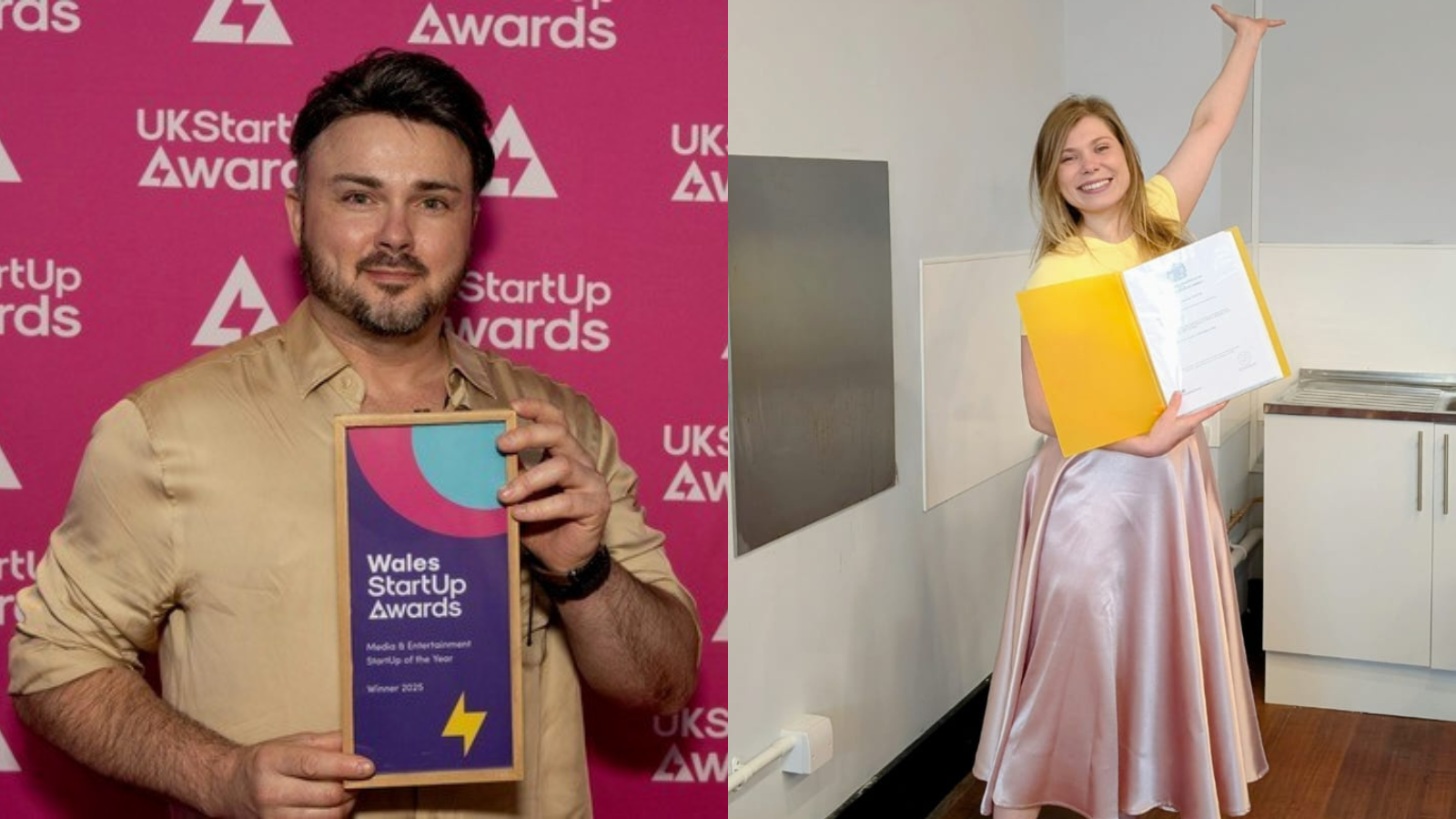 Enillydd gwobr James Morgan o Copperhouse Films Ltd a Julia Kalmuk ar ôl llofnodi ei phrydles ar uned Neuadd y Farchnad. 