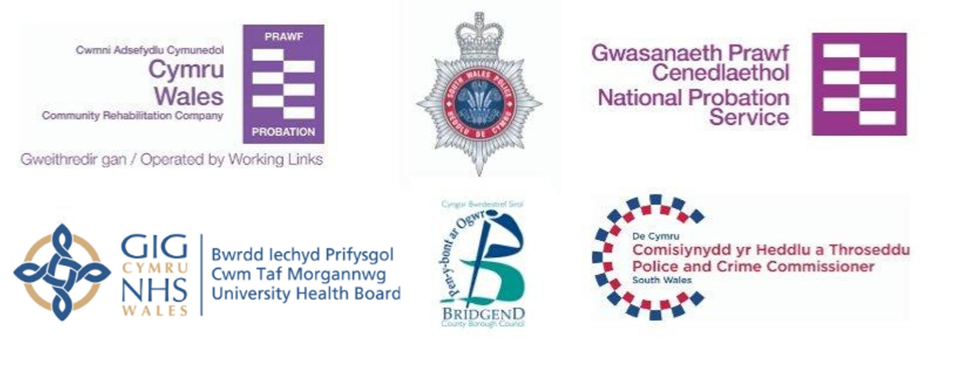 Logos partneriaid MASH sy'n cynnwys Cyngor Bwrdeistref Sirol Pen-y-bont ar Ogwr, Comisiynydd yr Heddlu a Throseddau De Cymru, Gwasanaeth Prawf Cenedlaethol, Heddlu De Cymru, Cwmni Adlewyrchu Cymunedol a weithredir gan Working Links, Bwrdd Iechyd Prifysgol y GIG Cymru.
