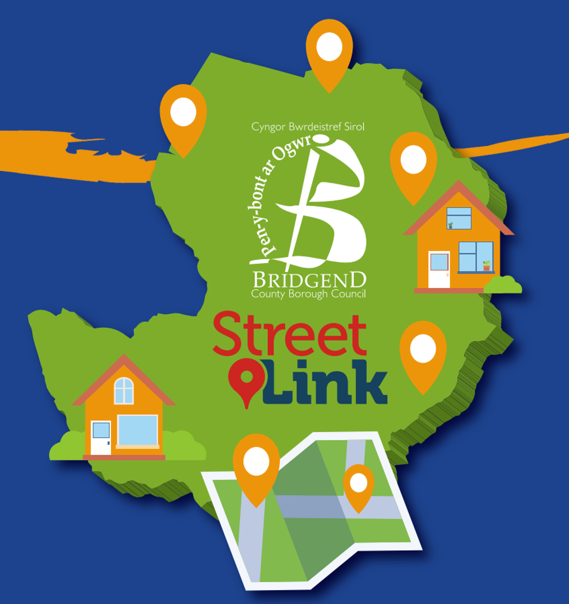 Graffeg StreetLink gyda logo Pen-y-bont ar Ogwr a map