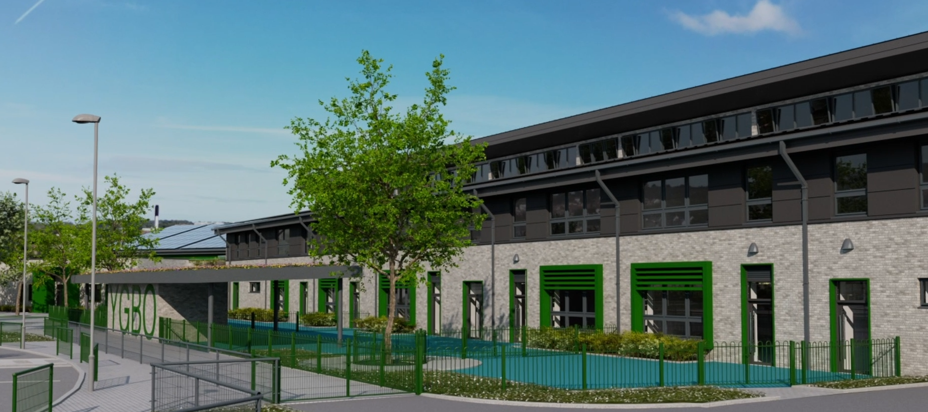 Delwedd wedi'i chynhyrchu gan gyfrifiadur o sut y gallai'r ysgol edrych